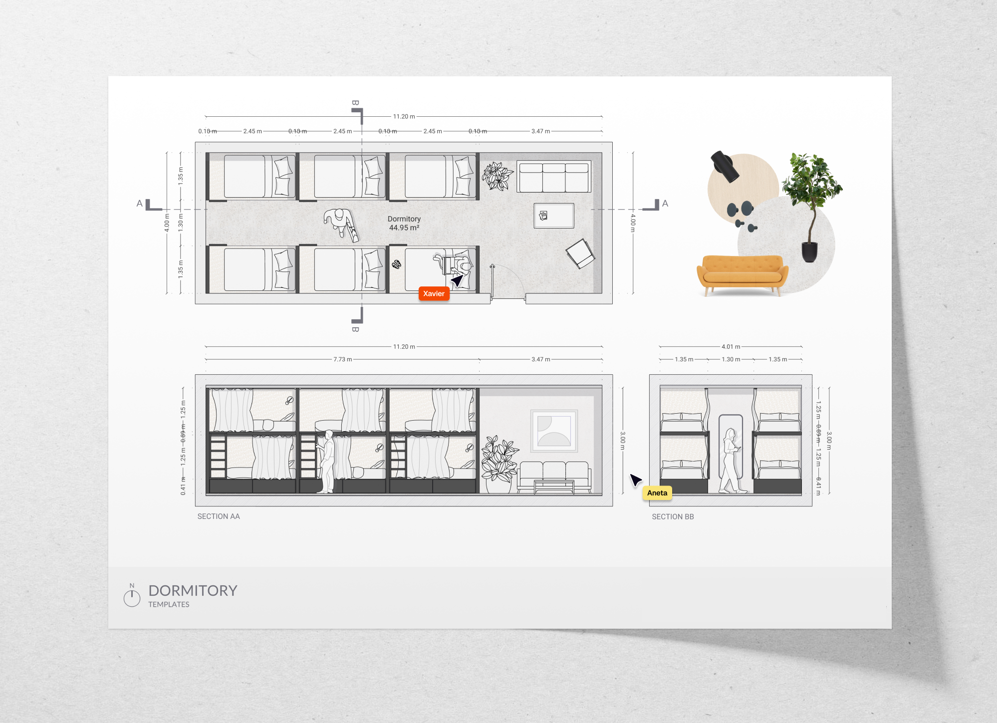 Dormitory floor plan and sections