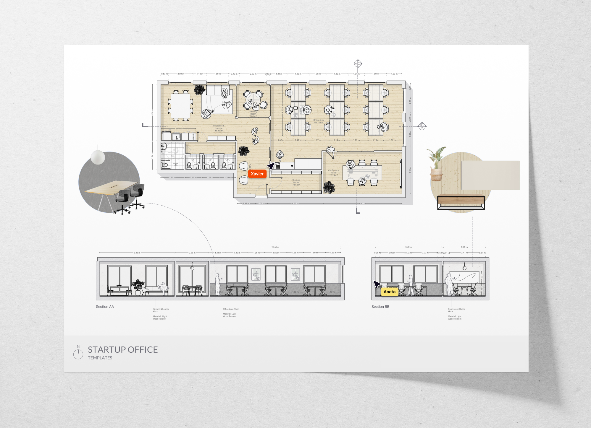 Startup office floor plan and sections