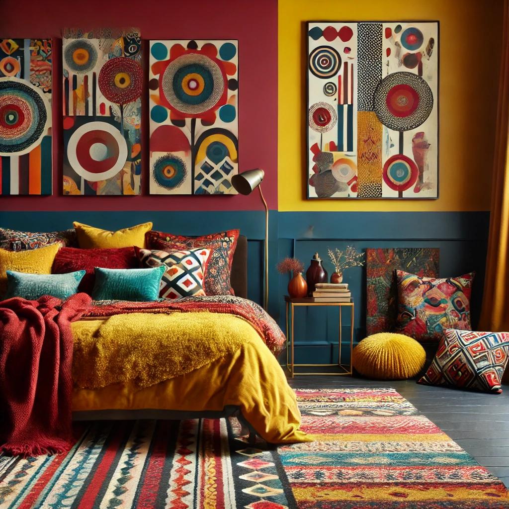 A bedroom using a bold, furnished style