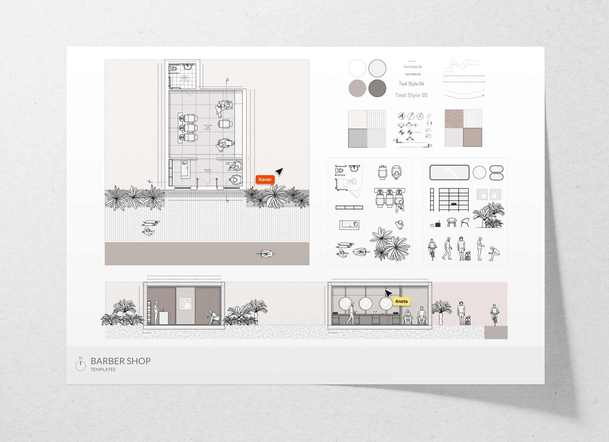 Barbershop floor plan and detail drawings