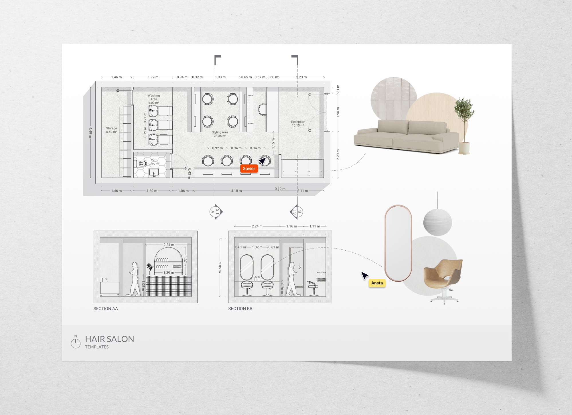 Hair salon floor plan and detail drawings