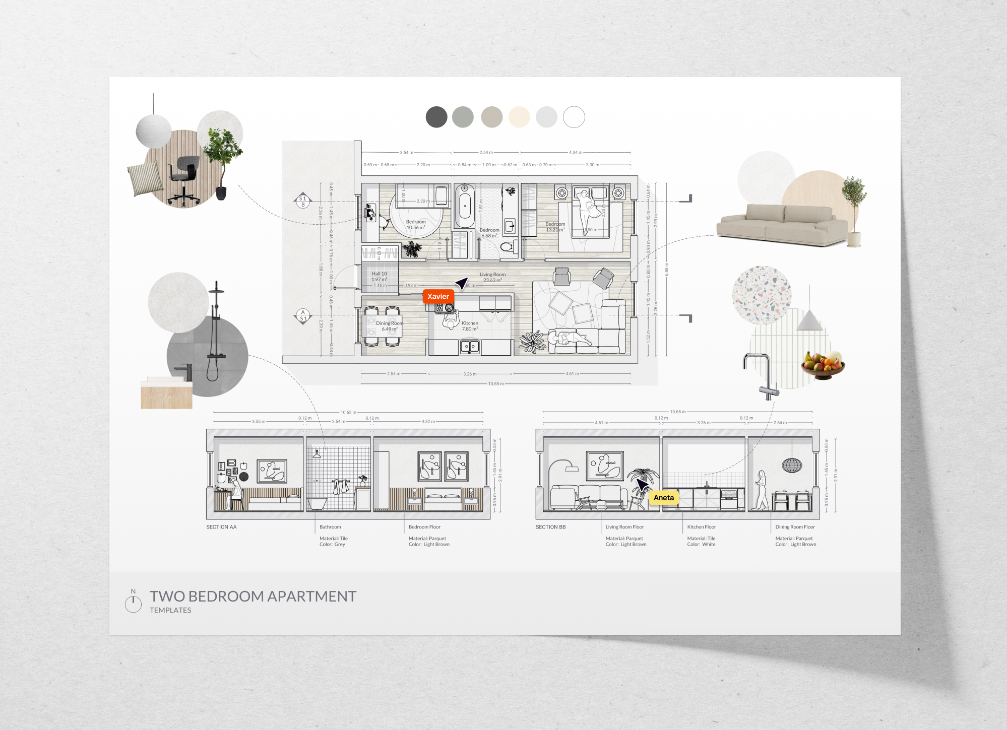 Two bedrooms apartment floor plan and sections