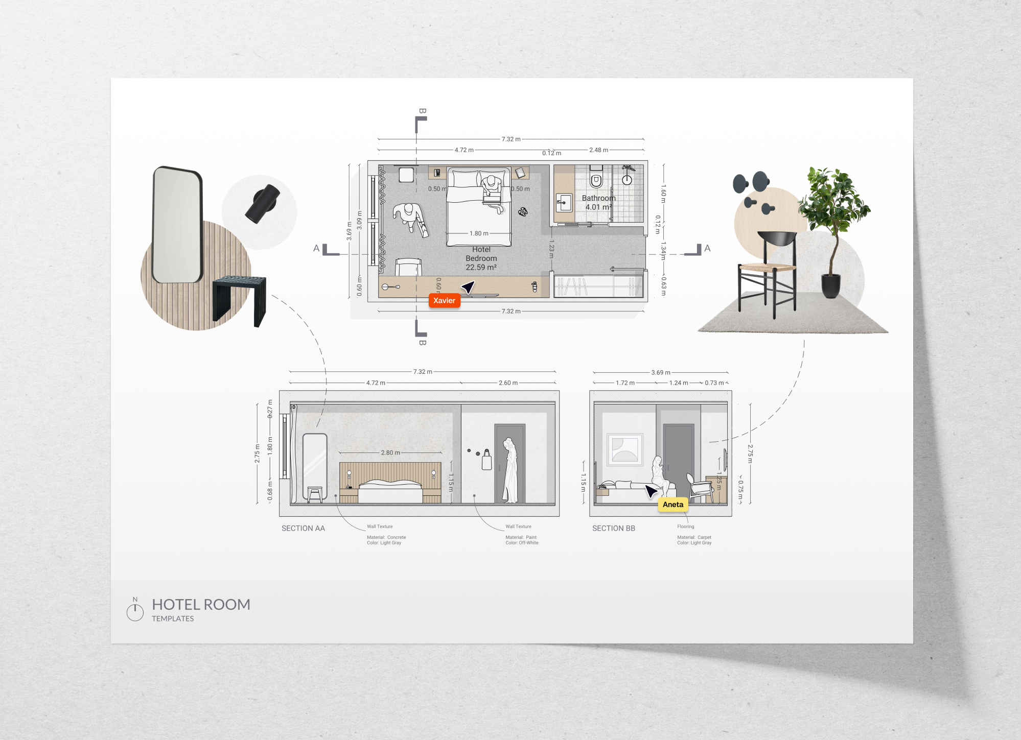 Hotel room floor plan and sections