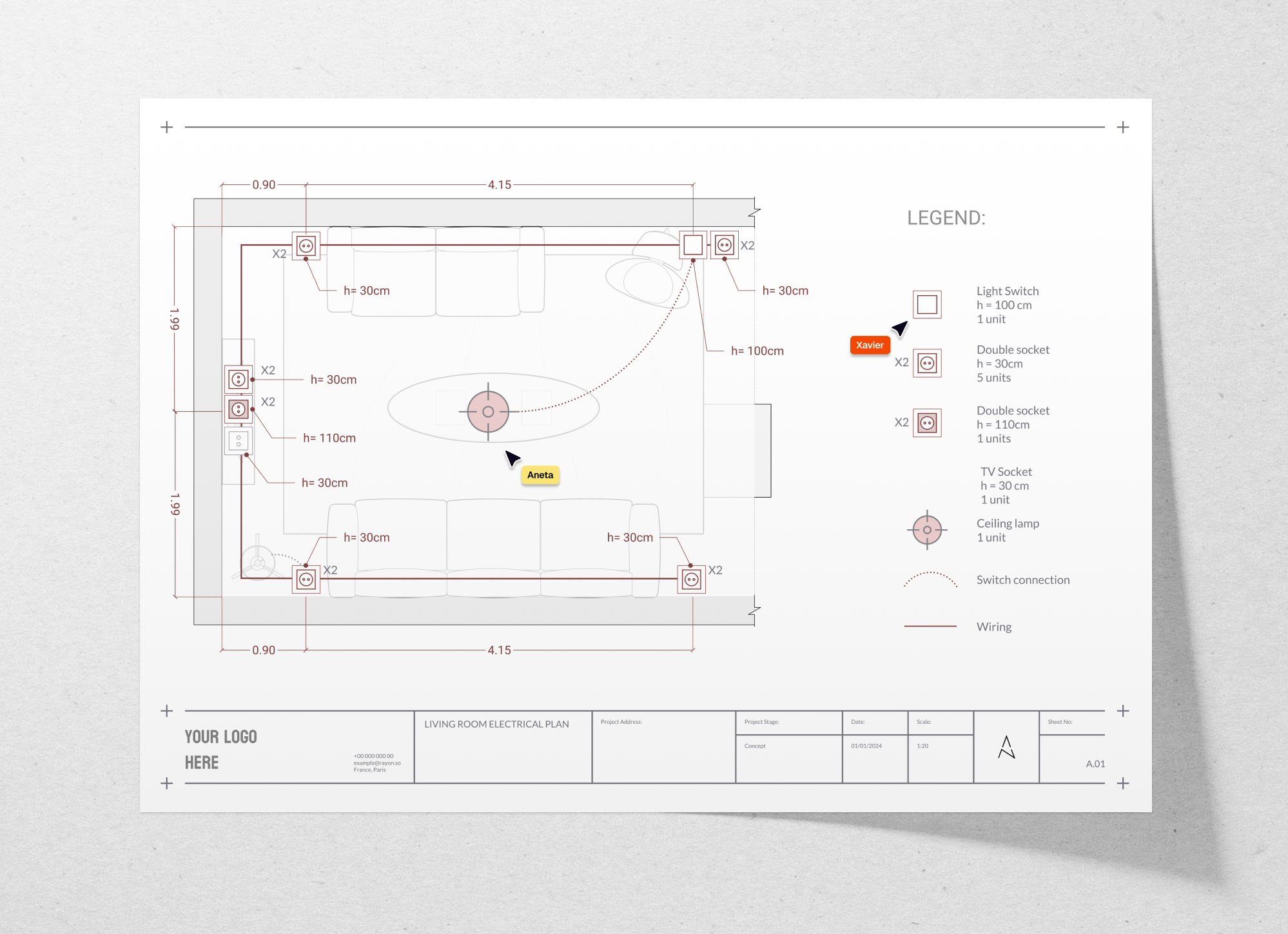 Electrical plan template for a living room