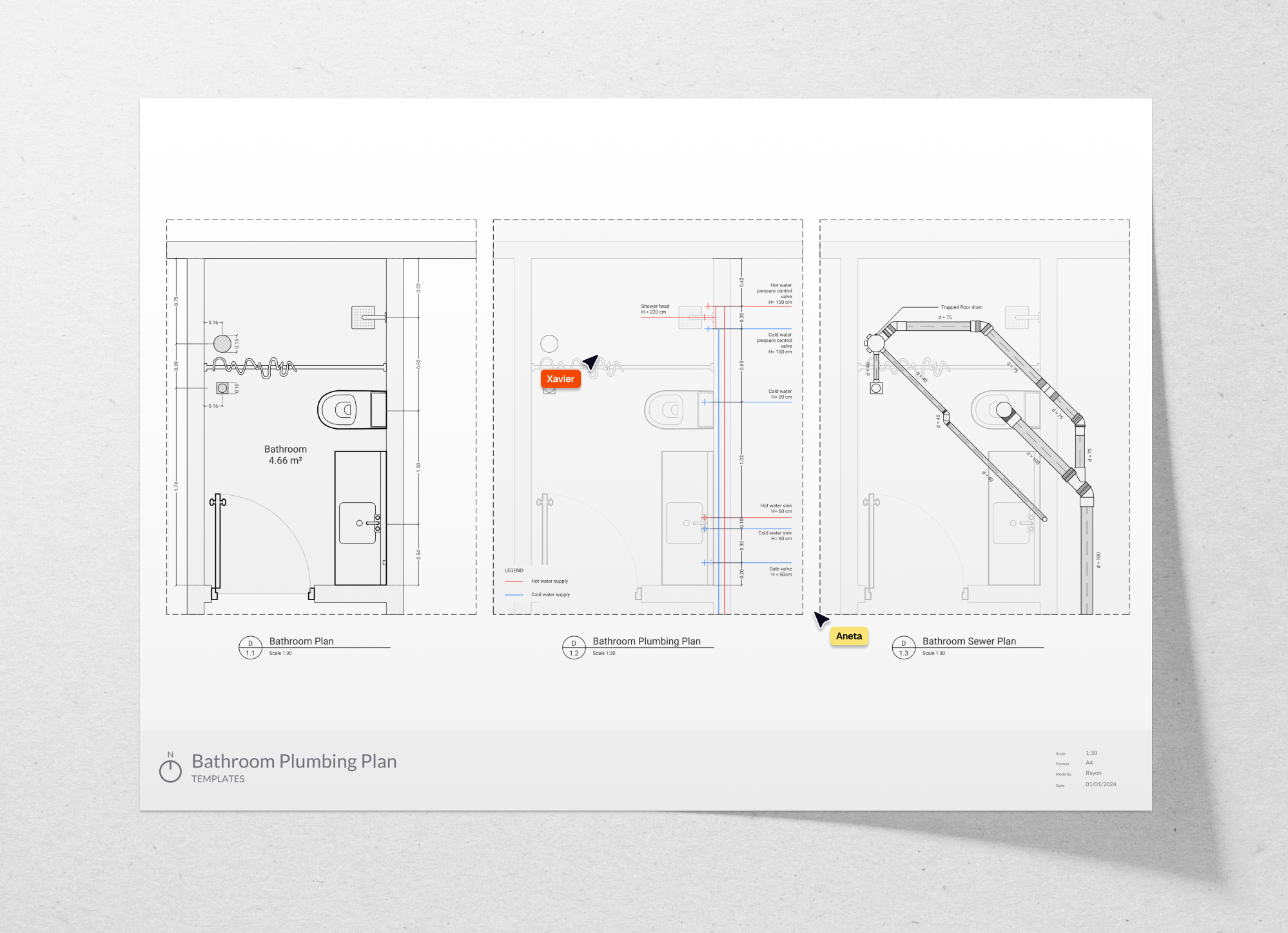 Plumbing plan for a bathroom, including a floor plan and sewer plan