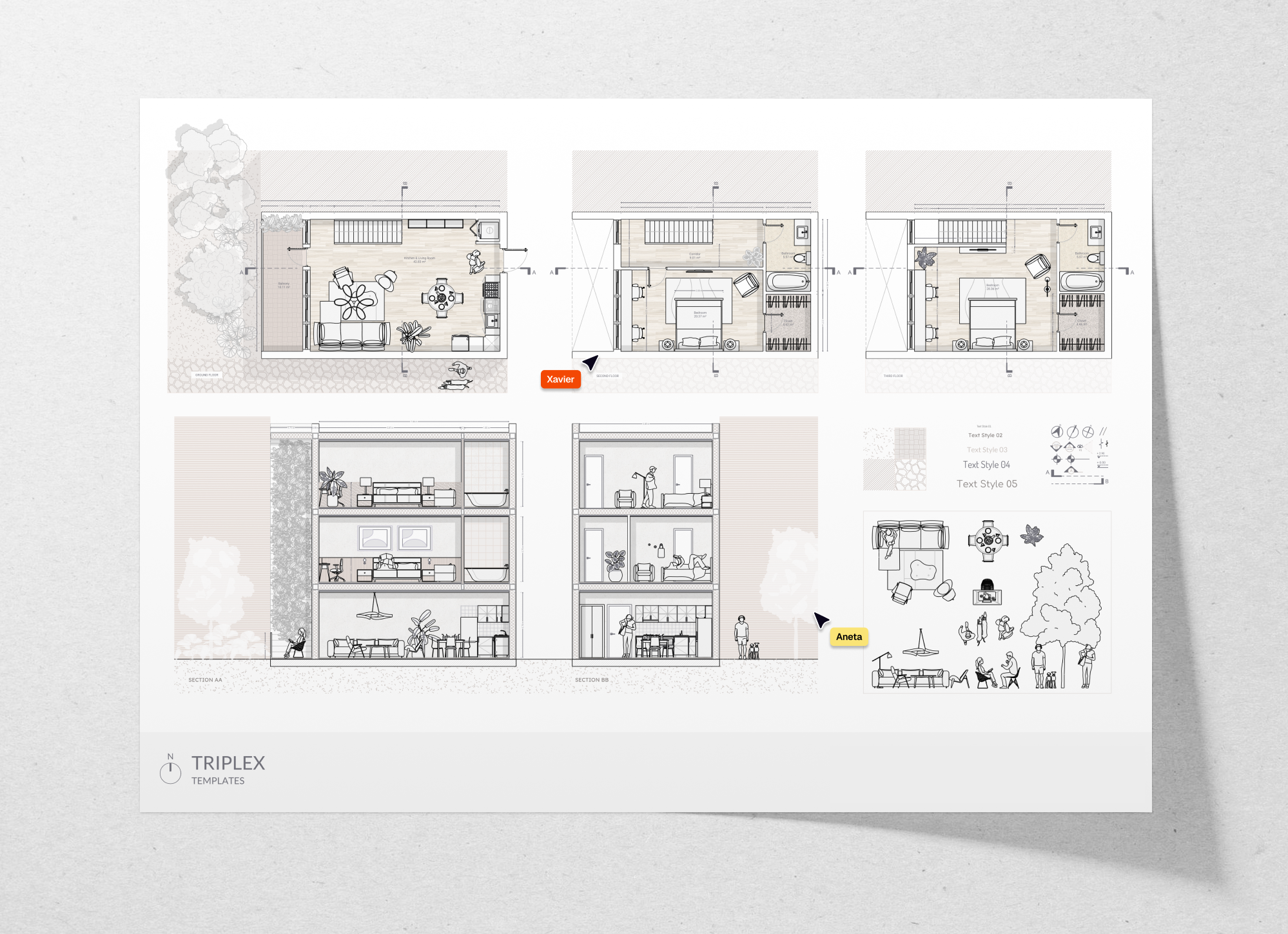 Triplex apartment floor plan and sections