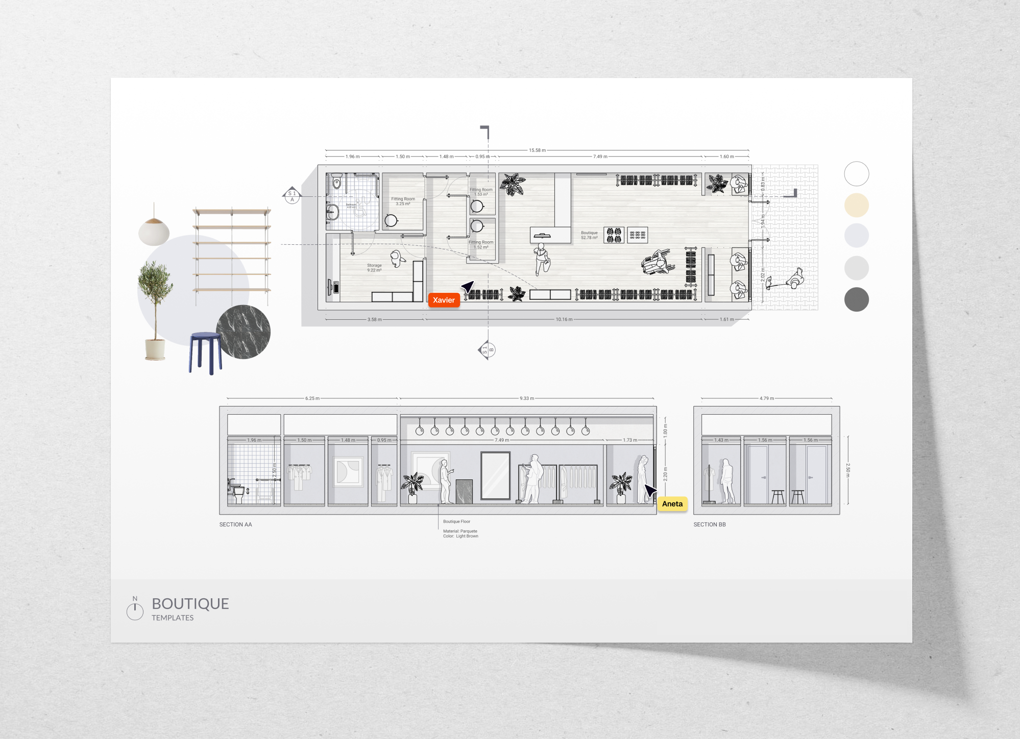 Boutique floor plan and sections