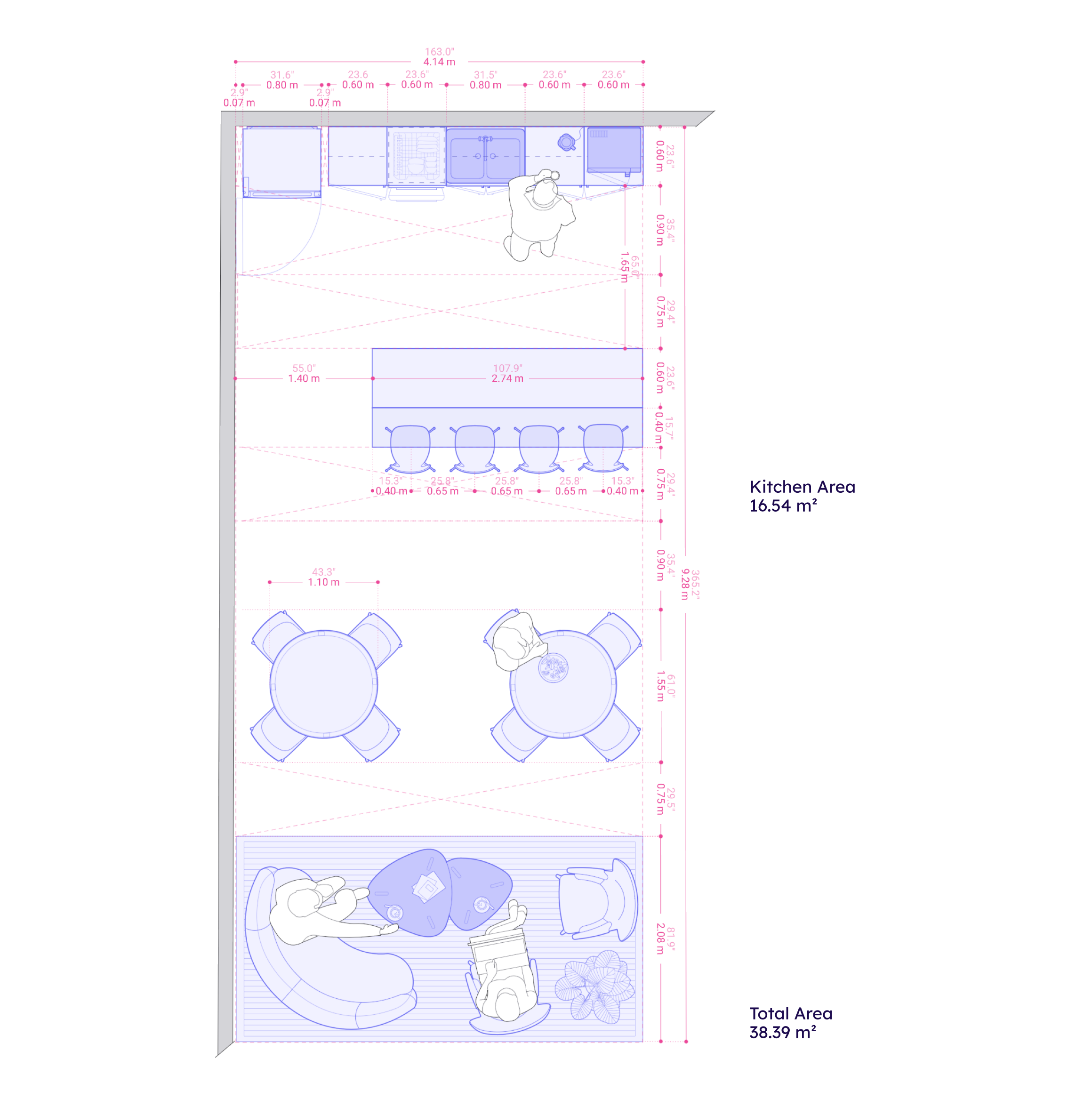 Tow-Row Hybrid Seating Kitchenette