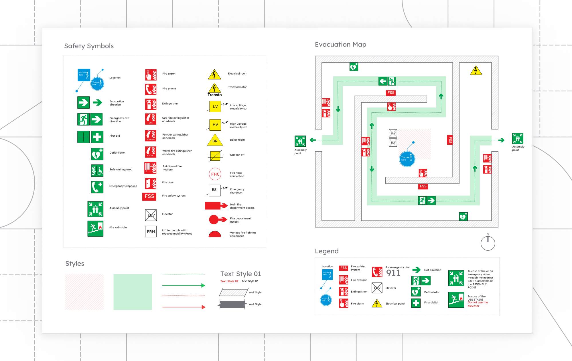 Fire safety symbols and evacuation map