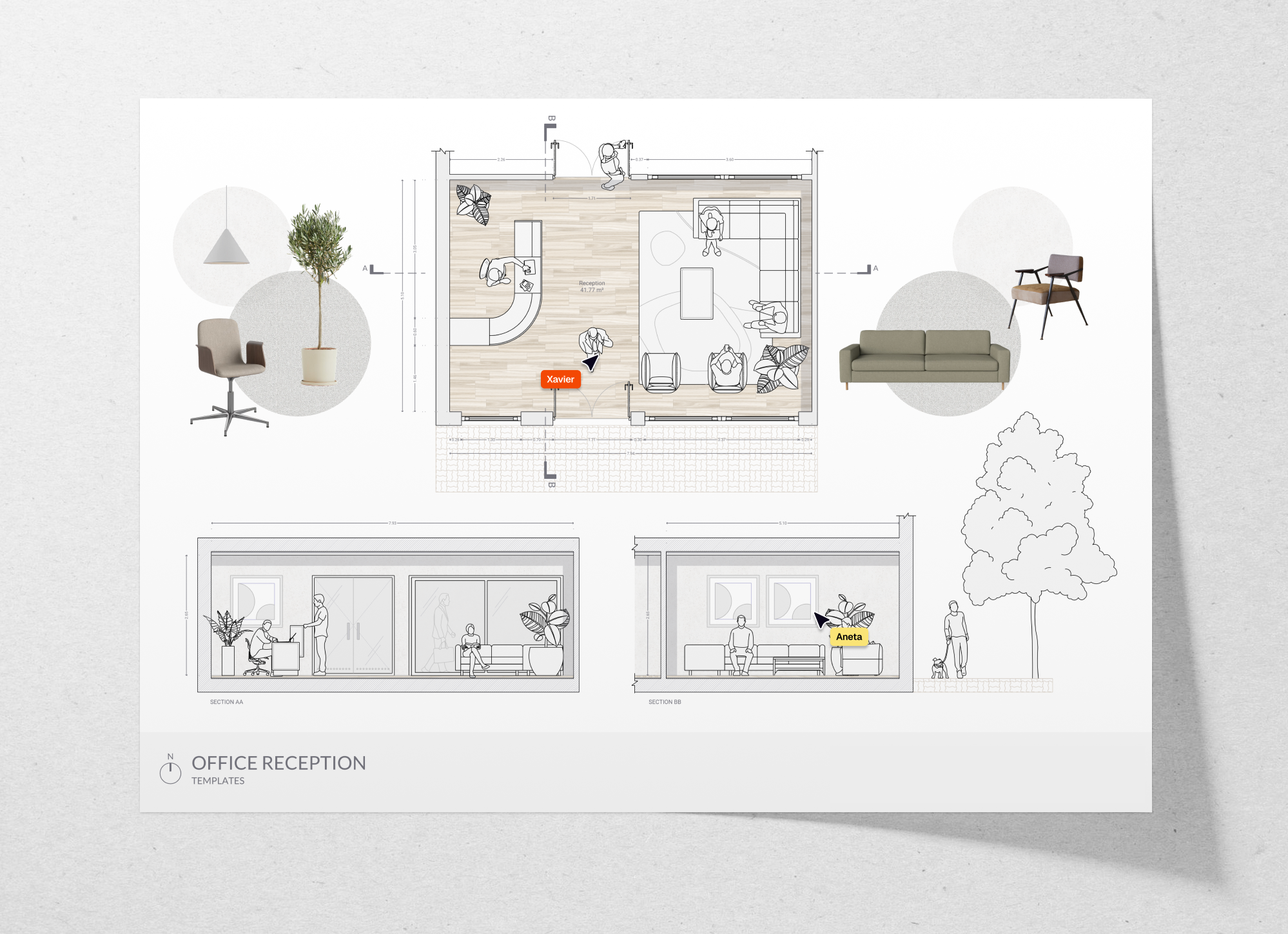 Office reception floor plan and sections