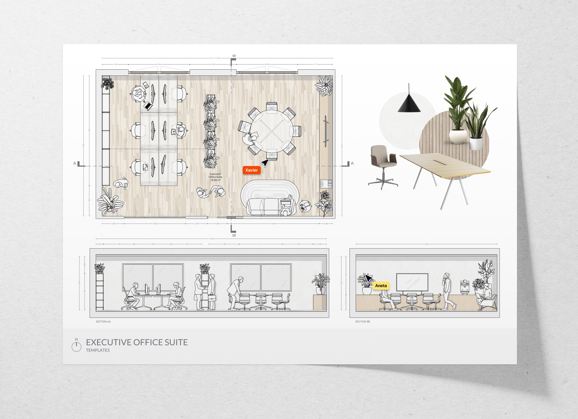 Executive office floor plan and sections