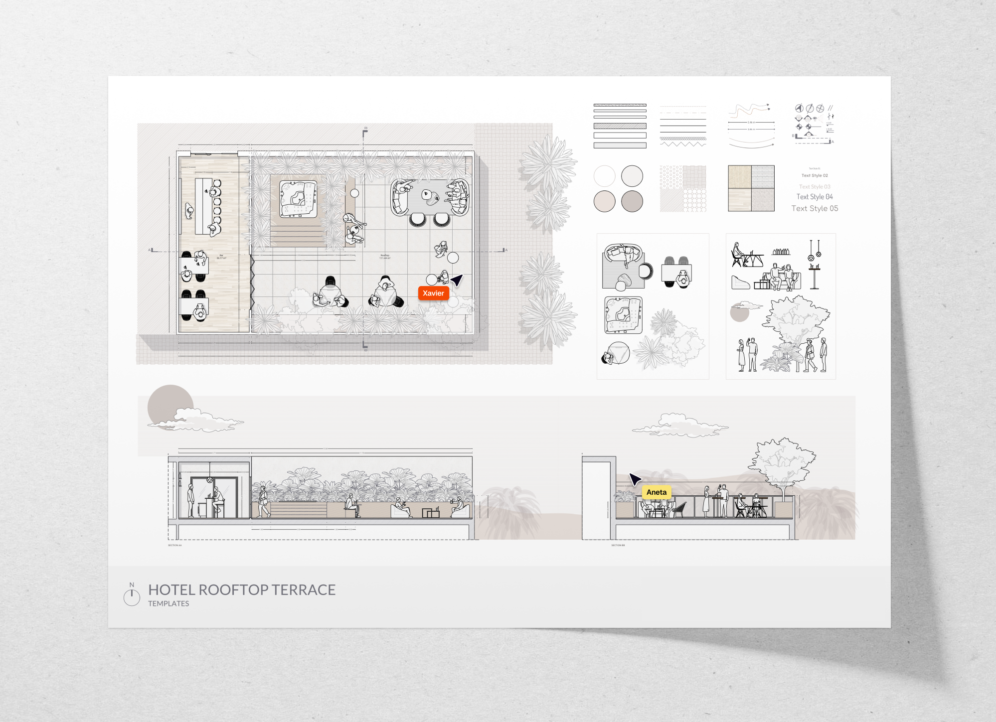 Hotel rooftop floor plan and sections