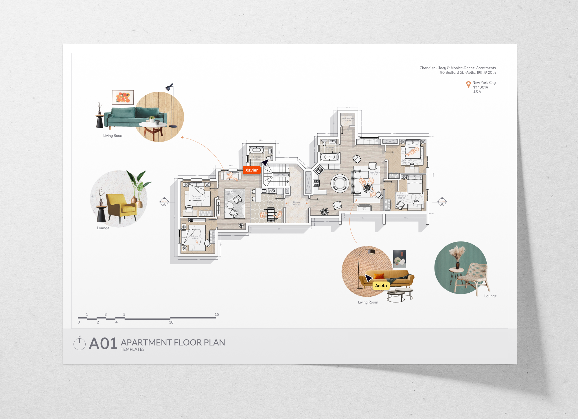 Chandler-Joey & Monica-Rachel apartment floor plan, from the Friends TV show