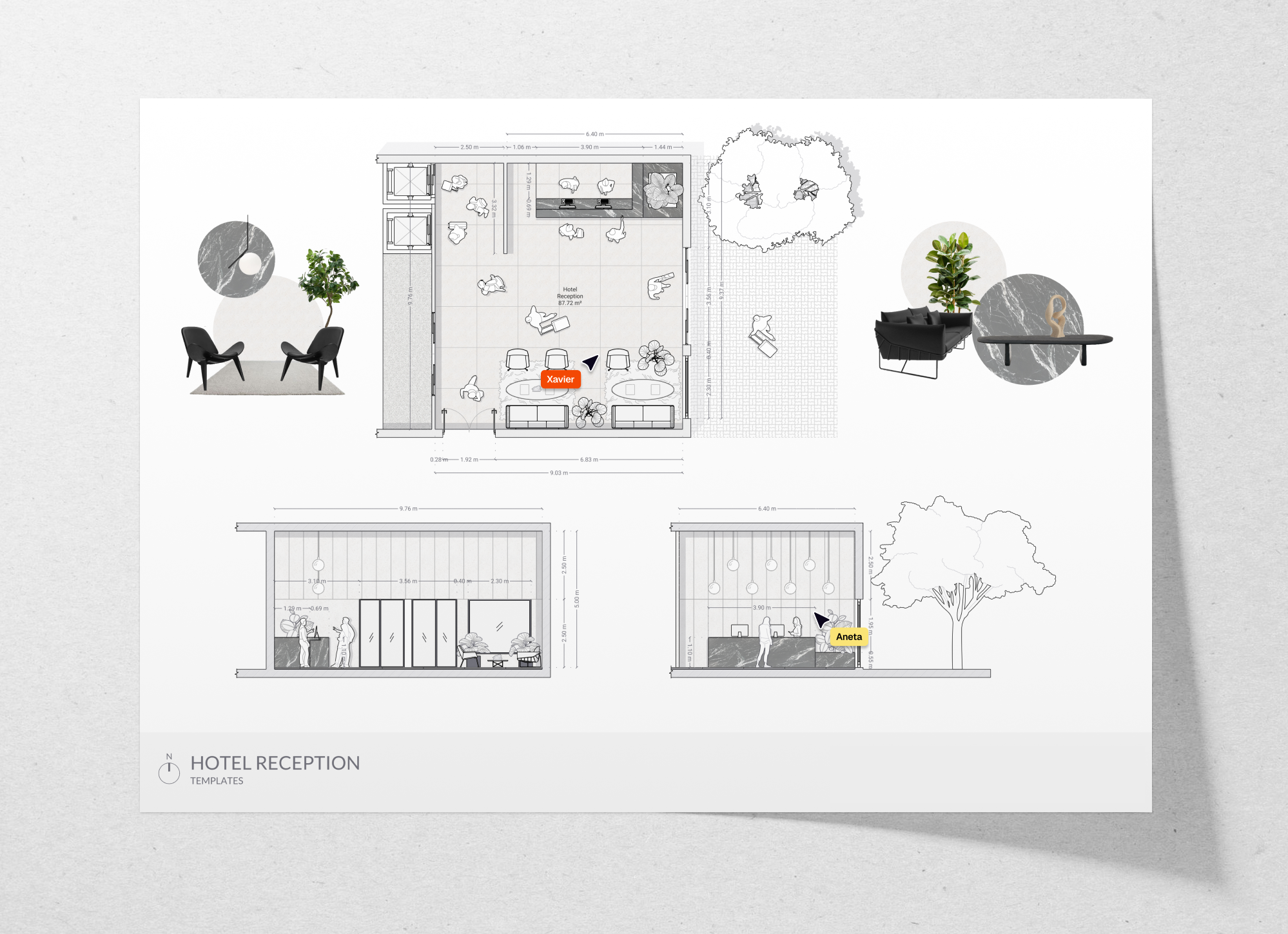 Hotel reception floor plan and sections