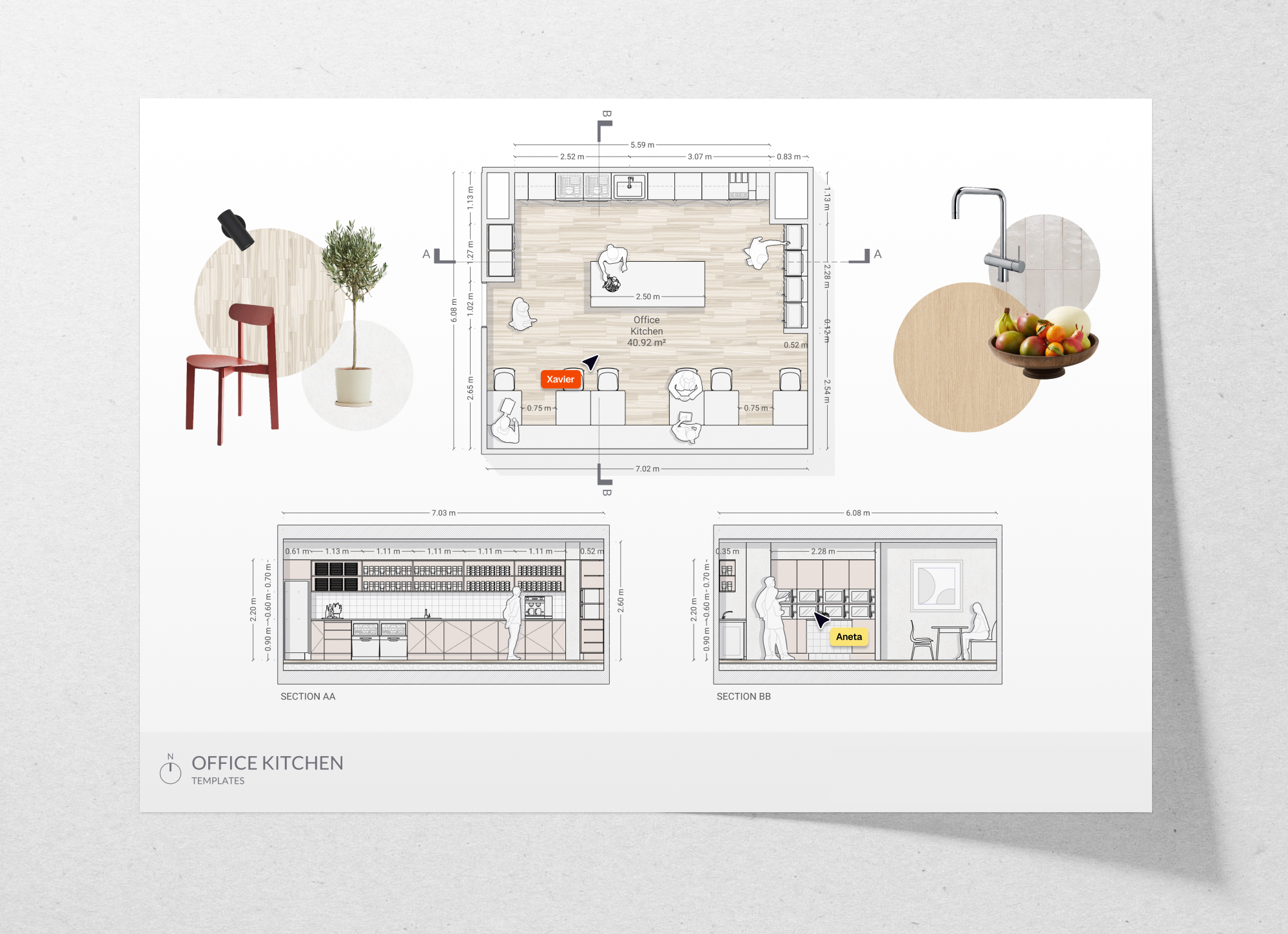 Office kitchen floor plan and sections