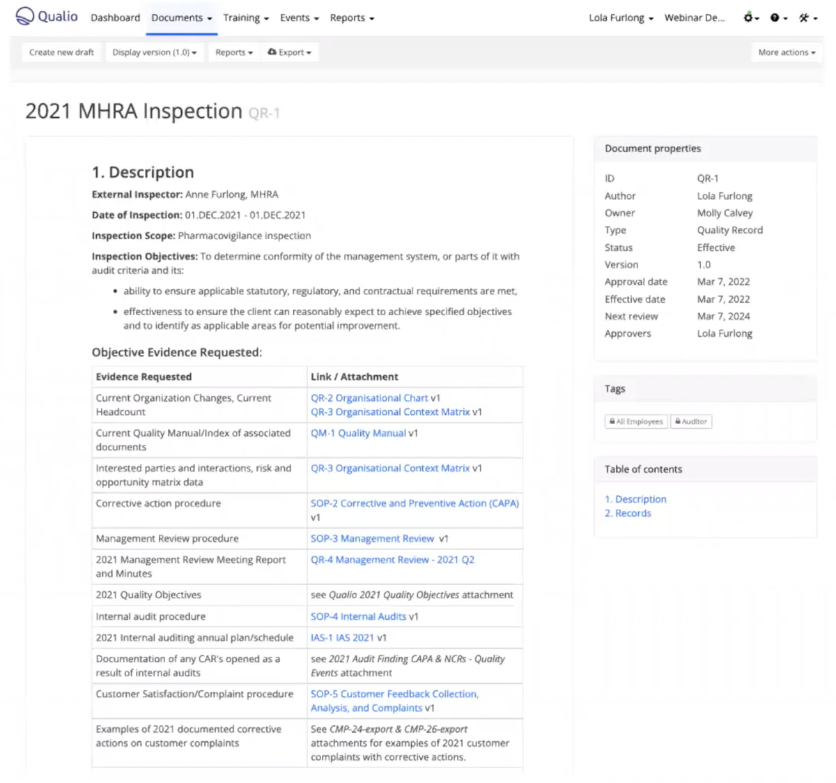 Qualio eQMS MHRA inspection document