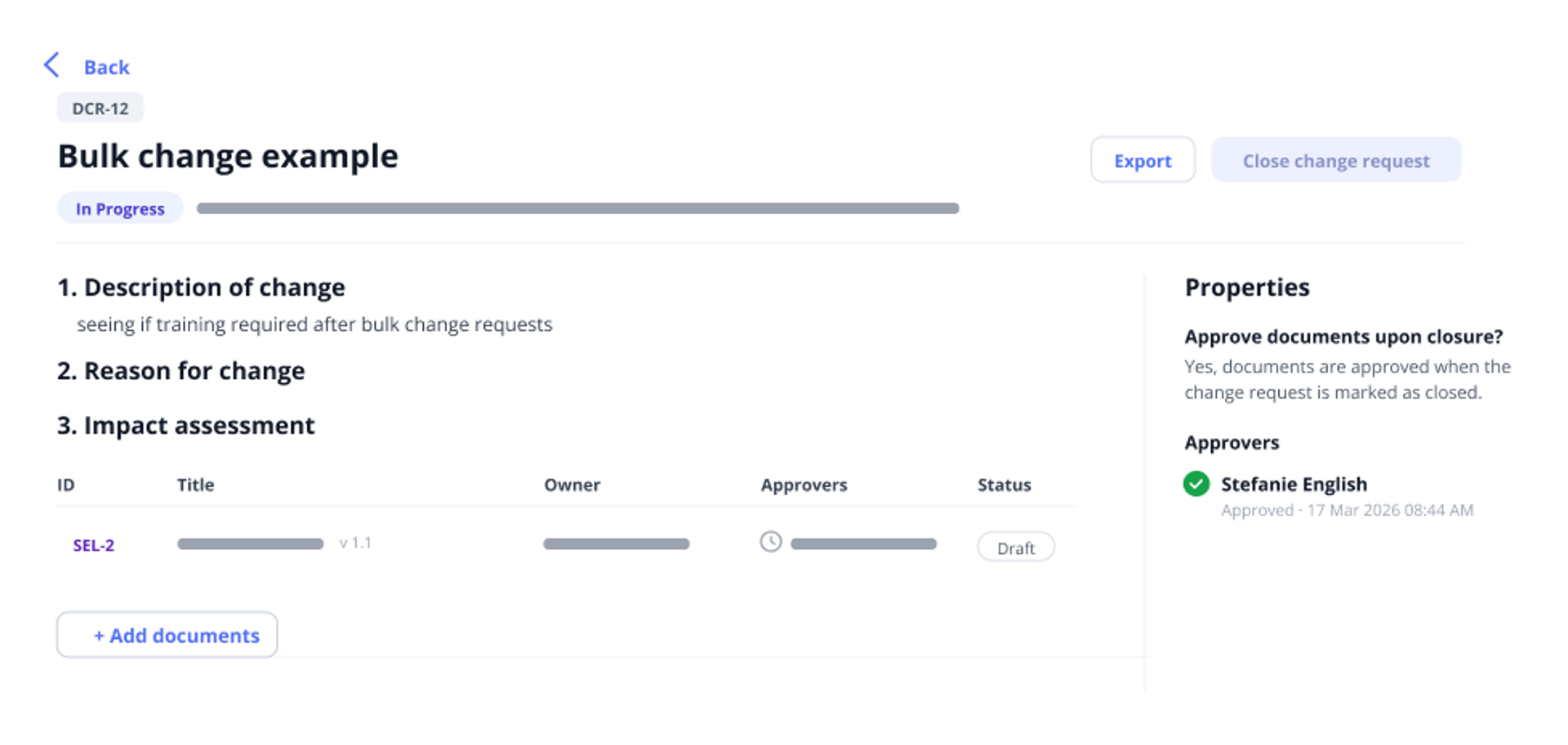 Qualio dashboard screen showcasing bulk change example.
