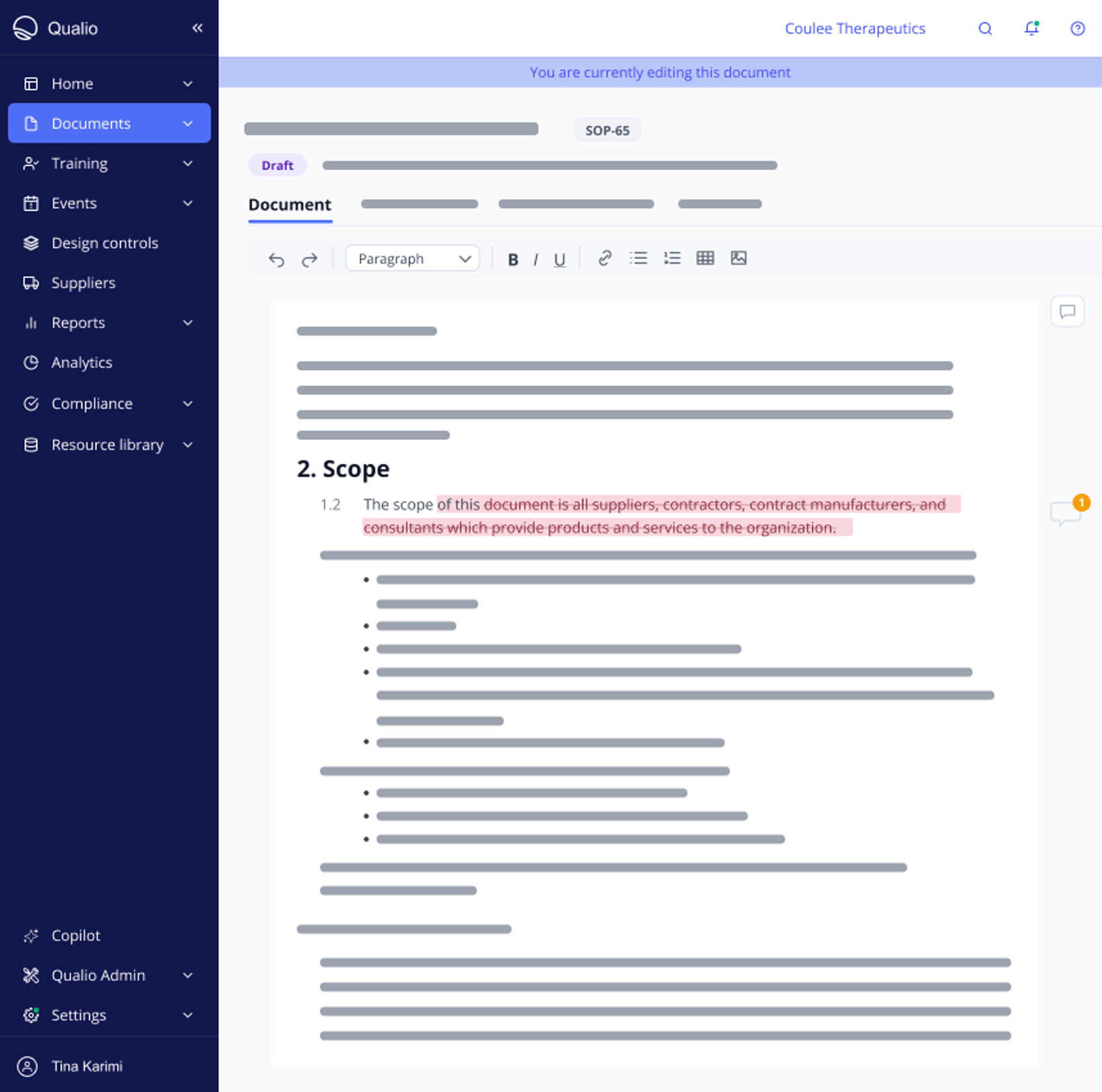 Qualio dashboard view showcasing document management features. 