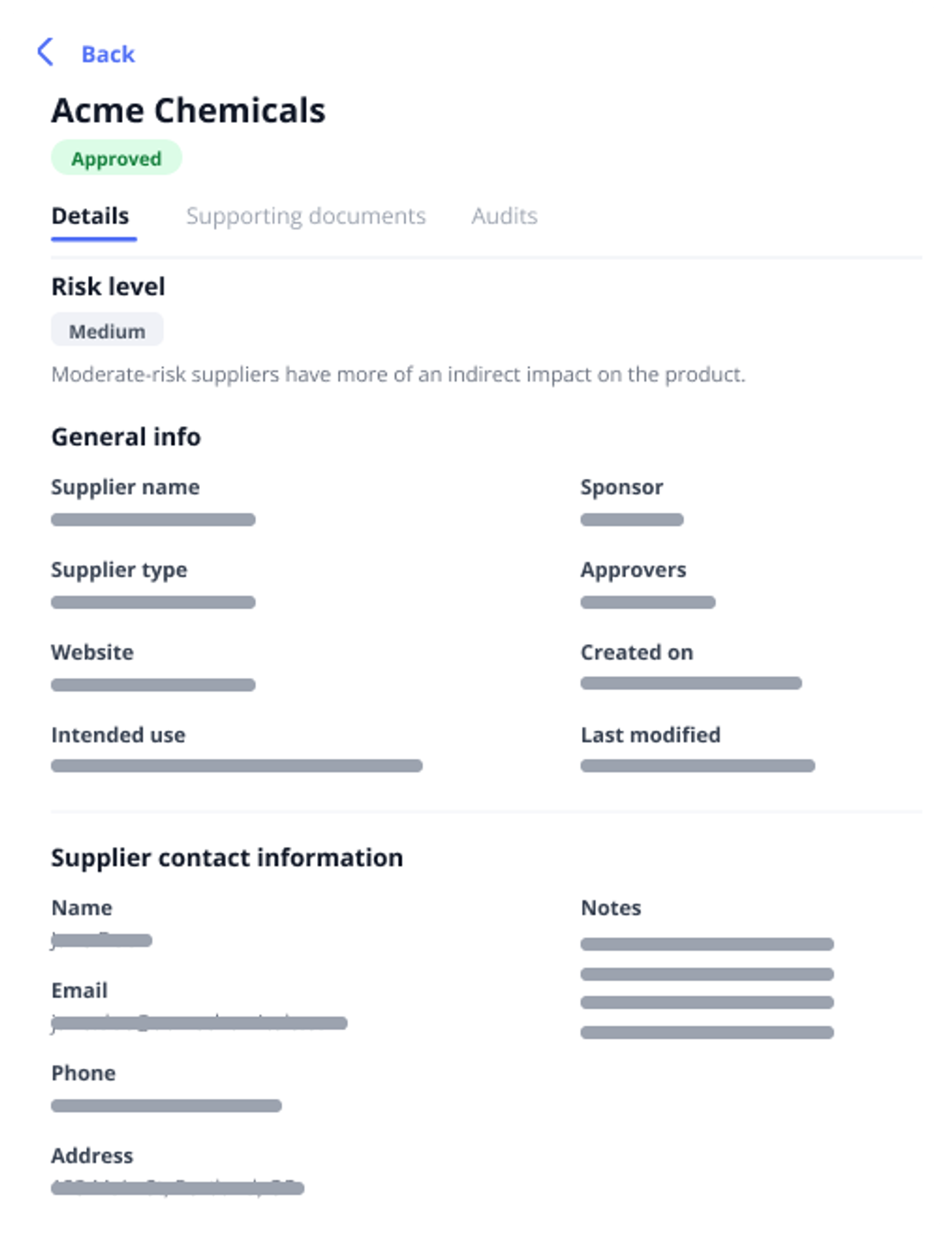 Qualio dashboard screenshot for example supplier profile