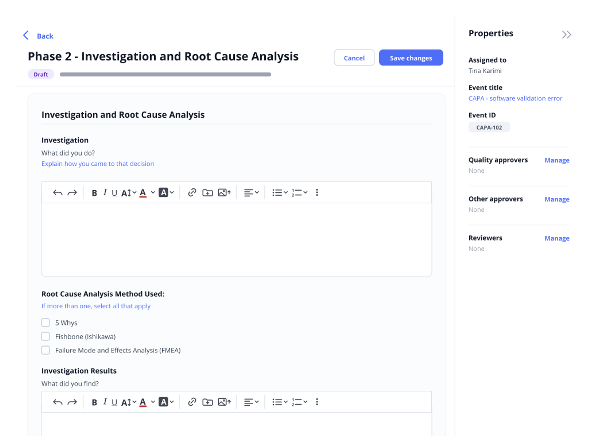 Qualio dashboard screenshot showcasing investigation and root cause analysis features.