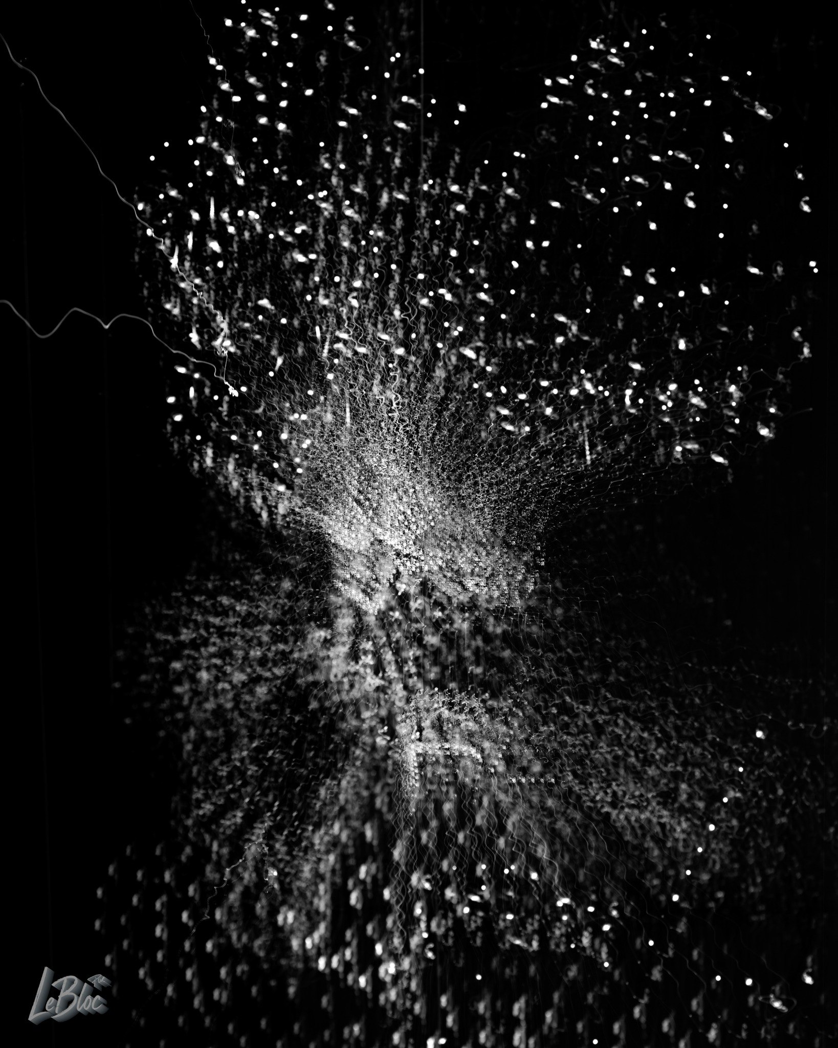 A silver field bursts outward through black in hundreds of fine light traces