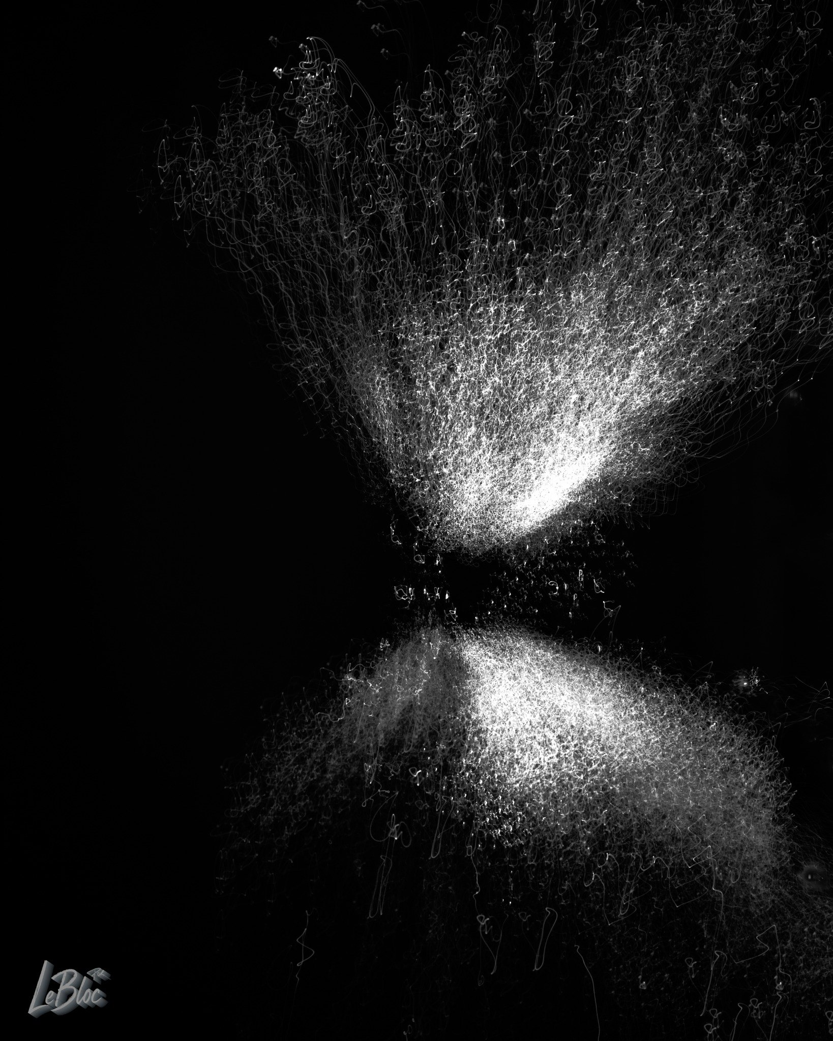 White light blooms from black and reflects as a dense silver form