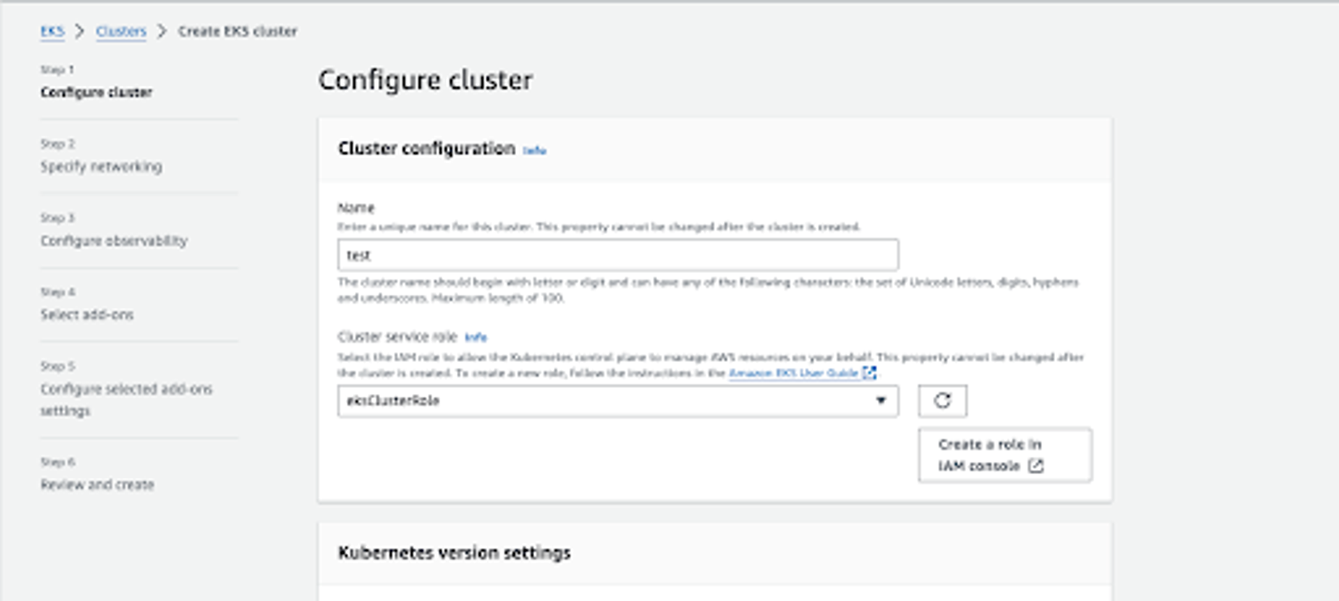 Fill in the required details like cluster name, Kubernetes version, etc.