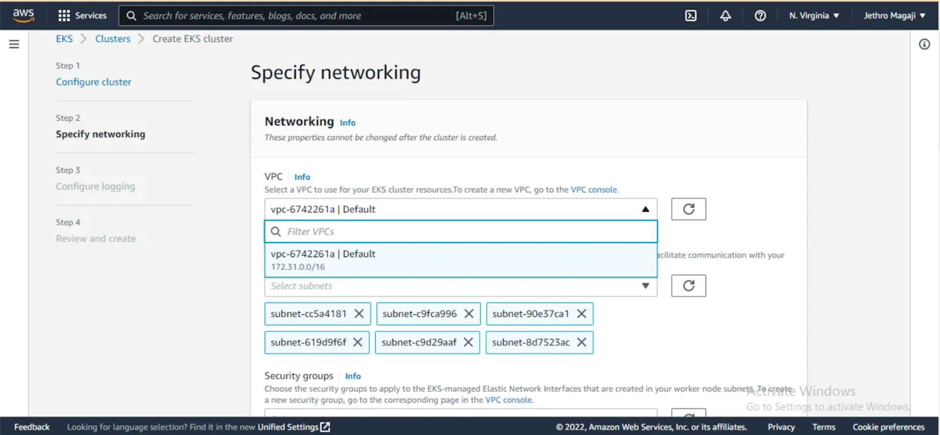 Create a cluster on the Amazon EKS dashboard