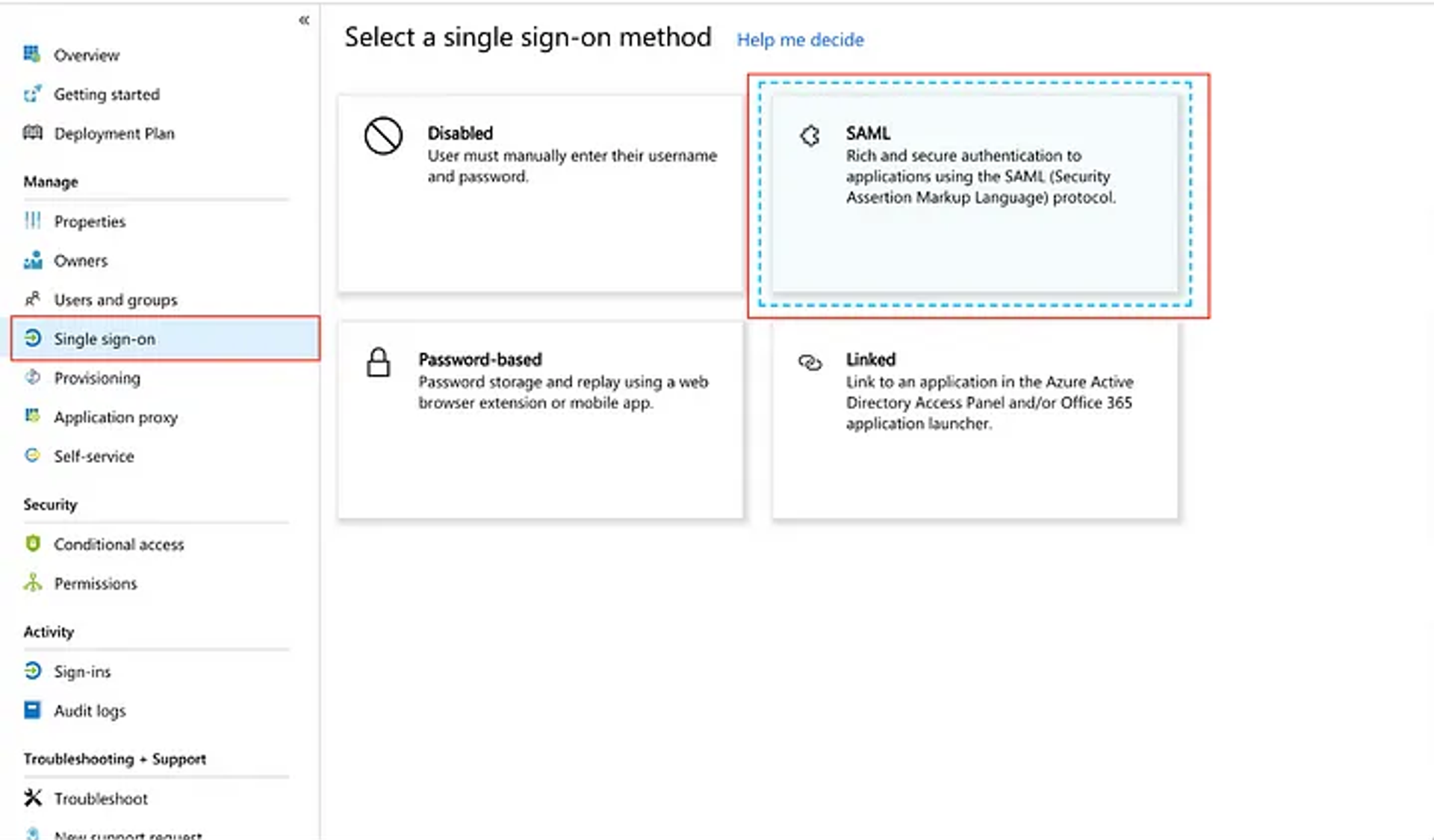 Azure AD select a single sign on method