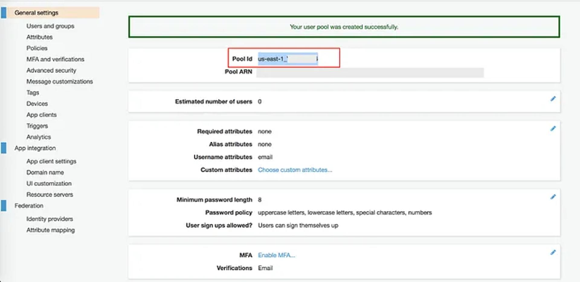 creating a user pool AWS