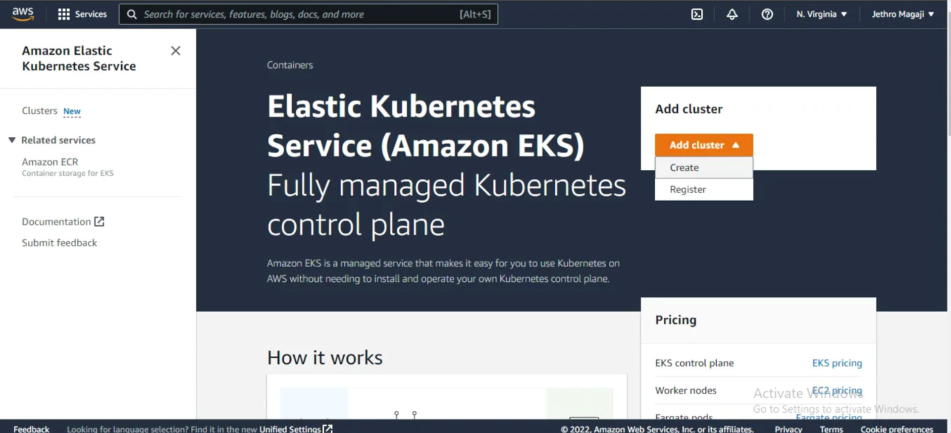 Create a cluster on the Amazon EKS dashboard