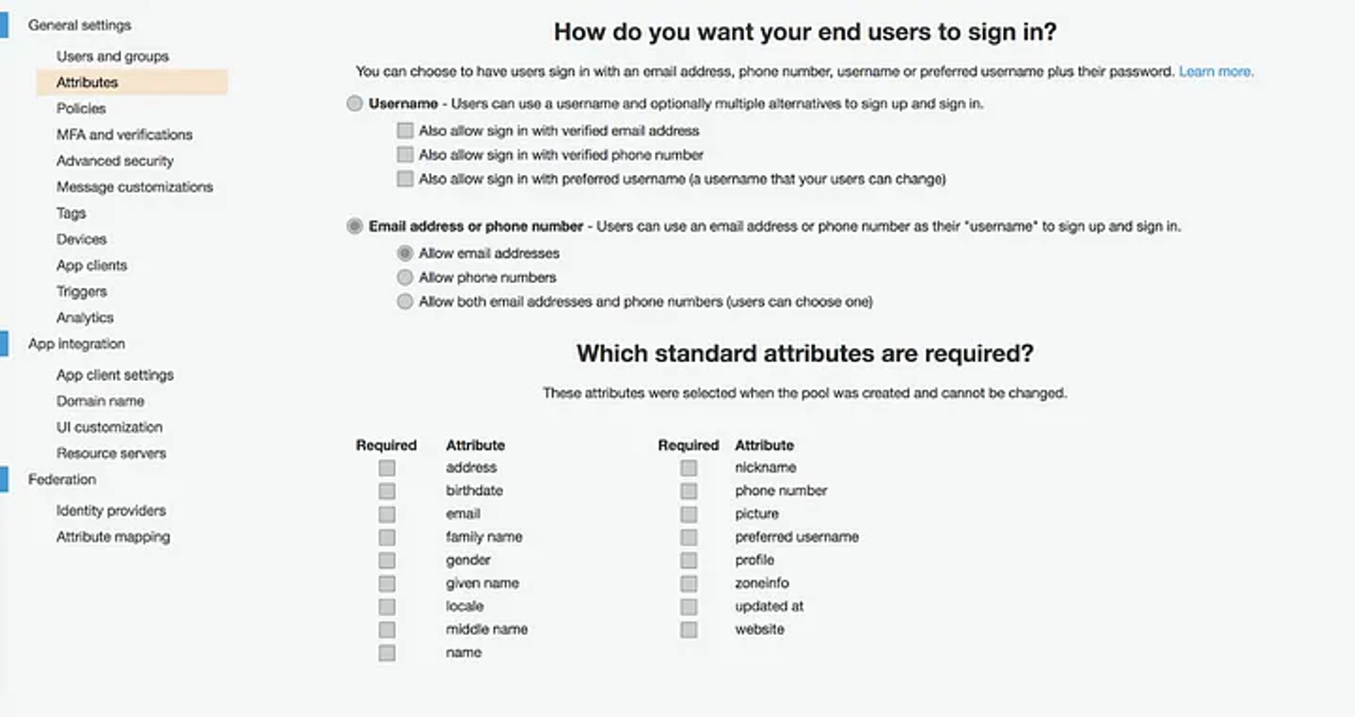 AWS user pool creation