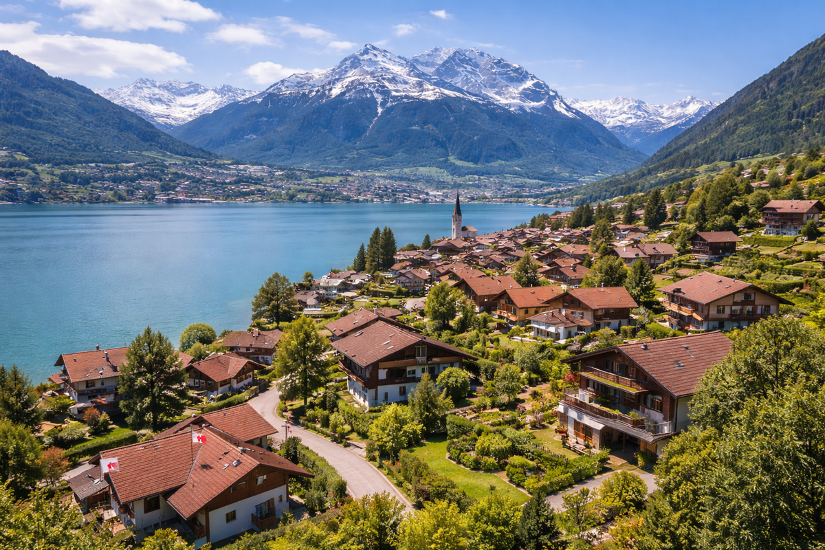 Village in Switzerland with a bell tower and mountains and a lake in the background