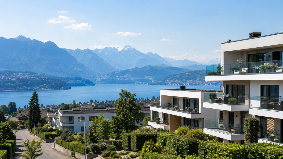 Résidence immobilière en Suisse avec vue sur le lac et les Alpes