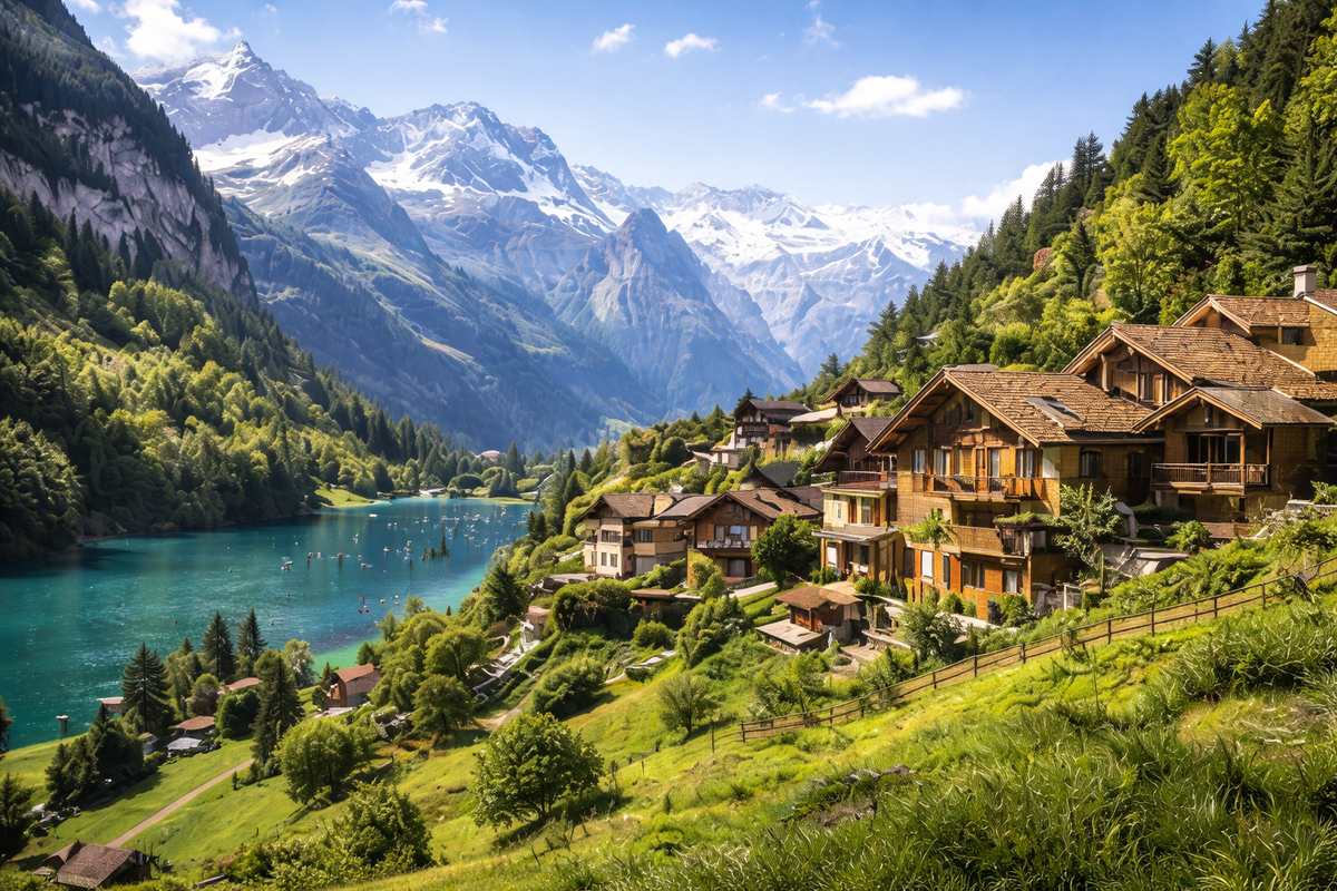 Swiss village with chalets and an alpine lake, an attractive environment for investing in Switzerland