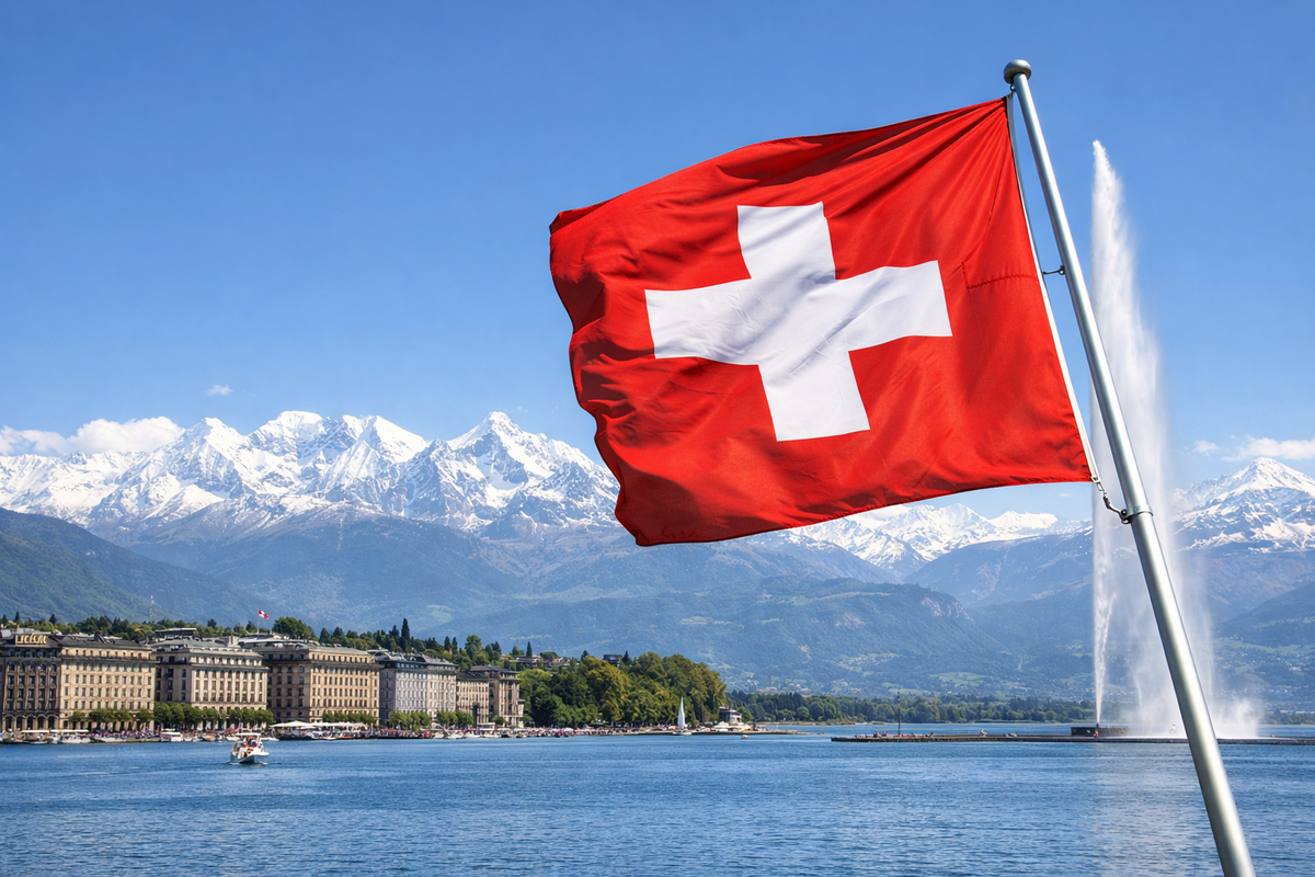 Swiss flag on the shore of Lake Geneva