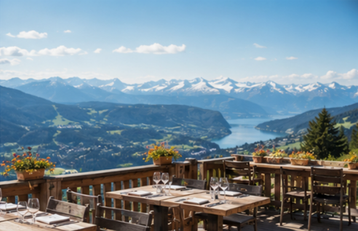 terrasse restaurant chalet suisse avec vue sur les Alpes