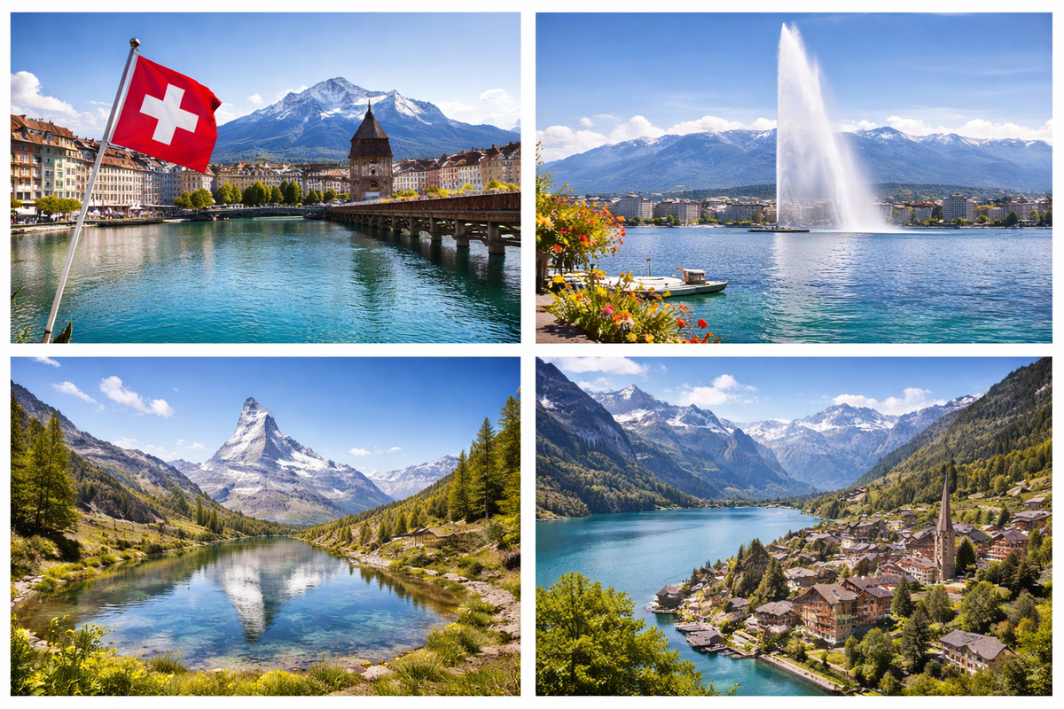 Different cities in Switzerland with natural landscapes and lakes