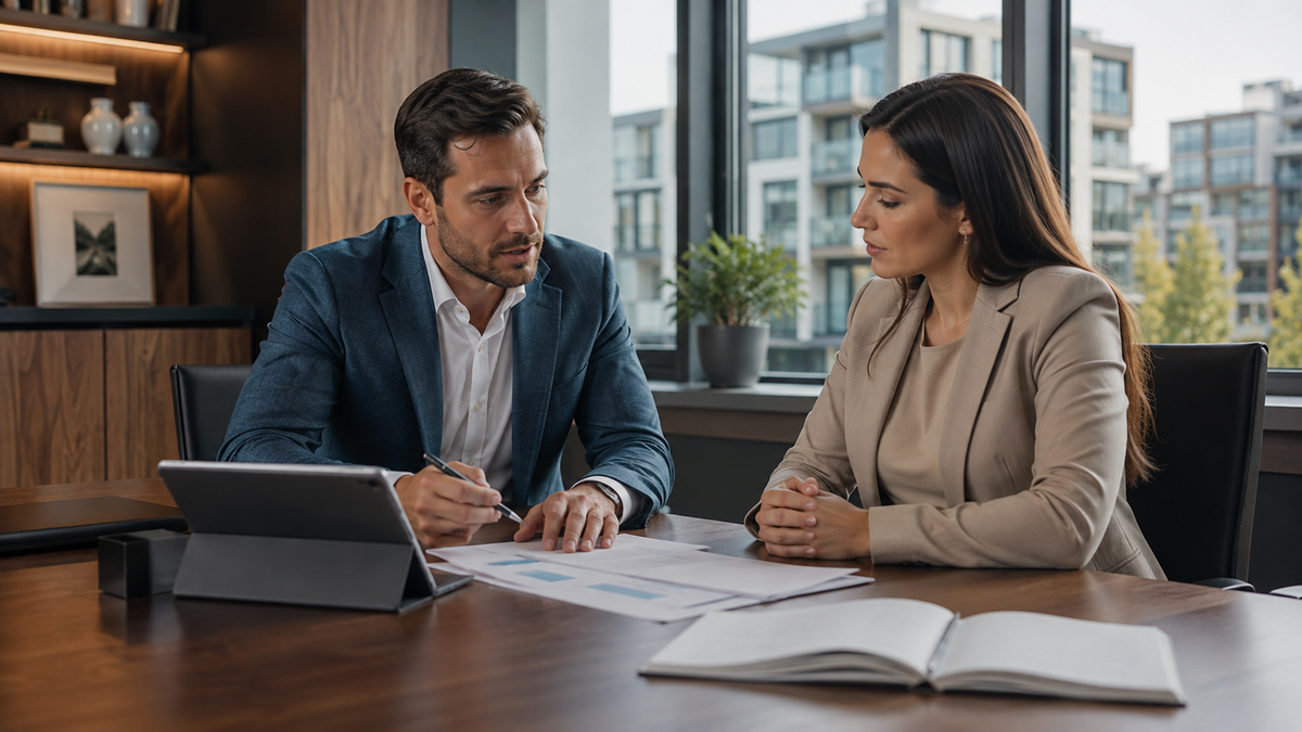 Courtier accompagnant une cliente pour un financement hypothécaire