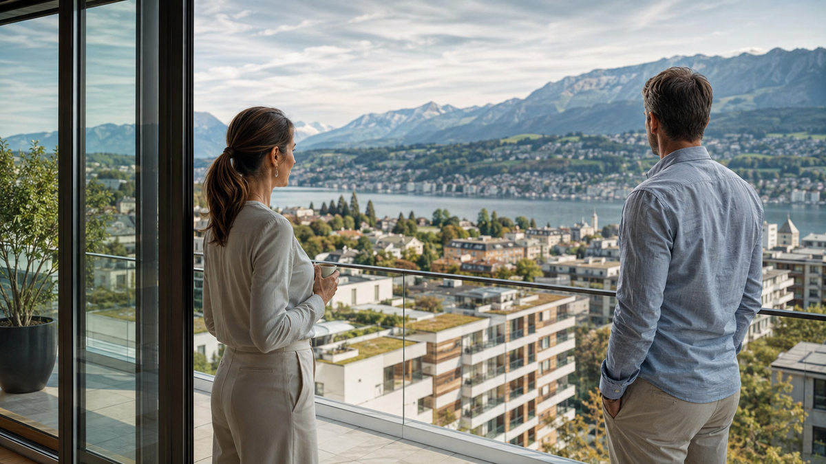 Investisseurs observant le marché immobilier suisse depuis un appartement
