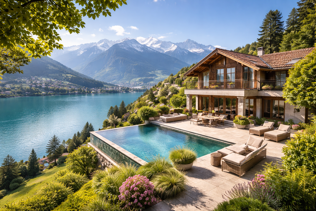 luxury villa with pool and lake view in Switzerland example of real estate investment in Switzerland