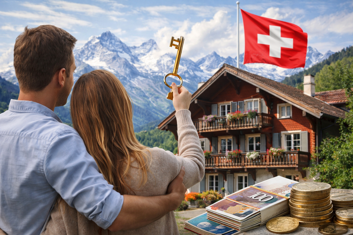 Swiss key in front of a traditional house