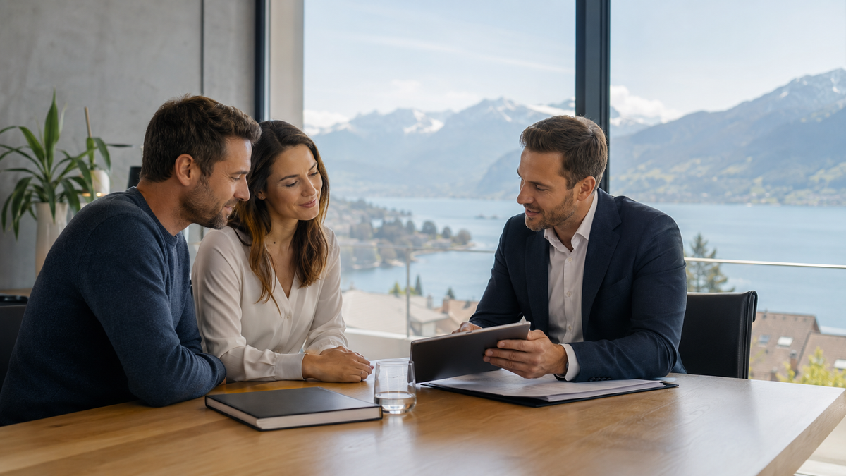 Conseiller immobilier présentant les frais d’acquisition à des acheteurs en Suisse