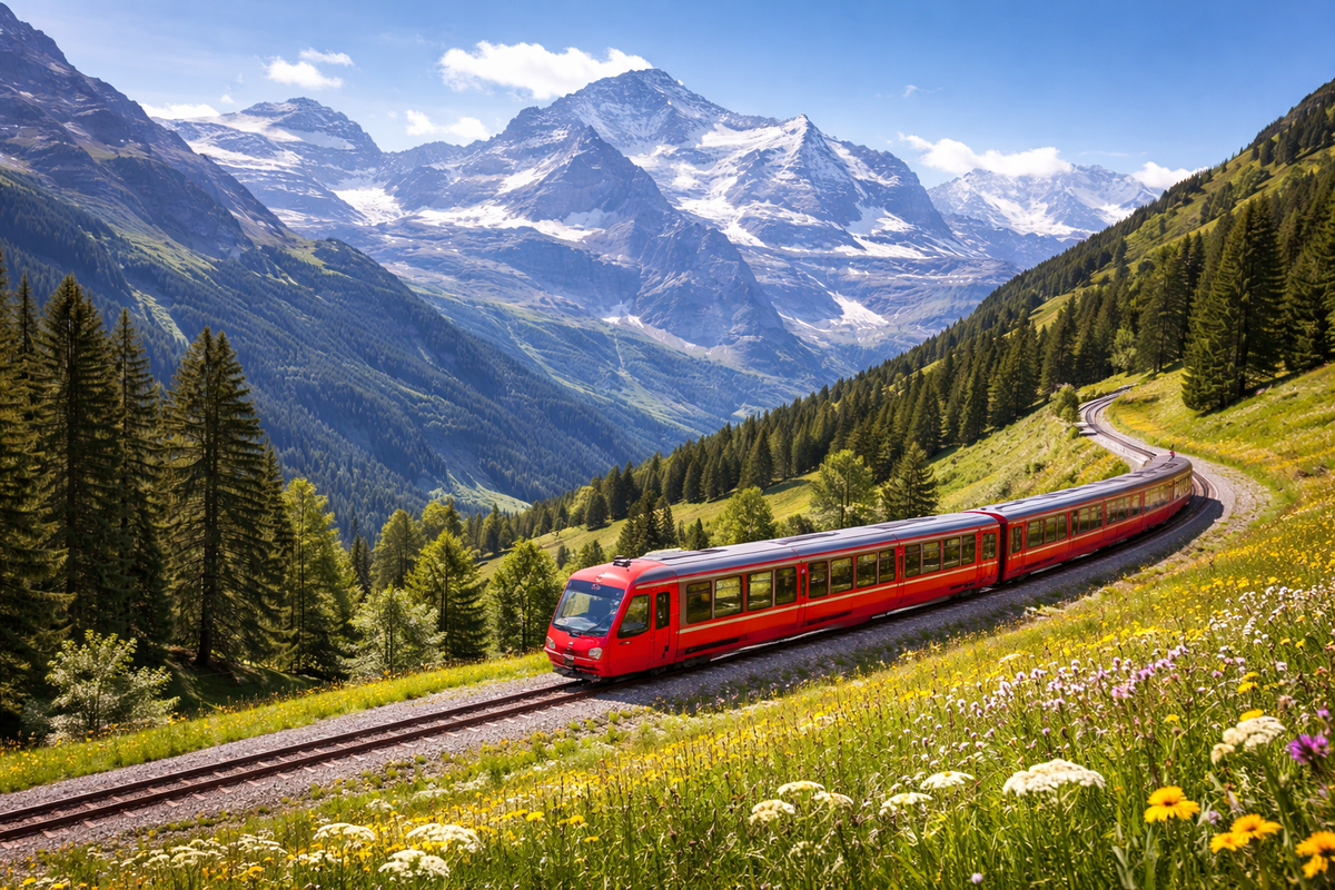 view of a train in Switzerland with mountains in the background