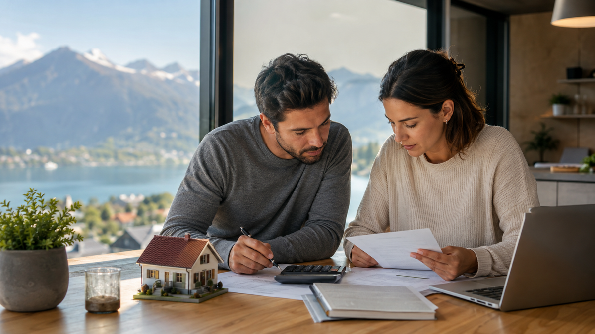 Couple calculant les frais d’achat d’un bien immobilier en Suisse