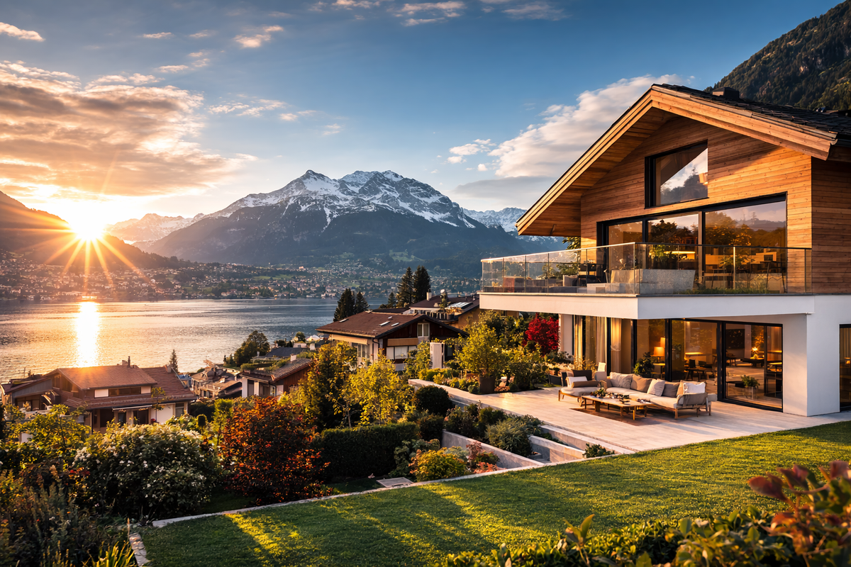 Modern Swiss chalet at sunset
