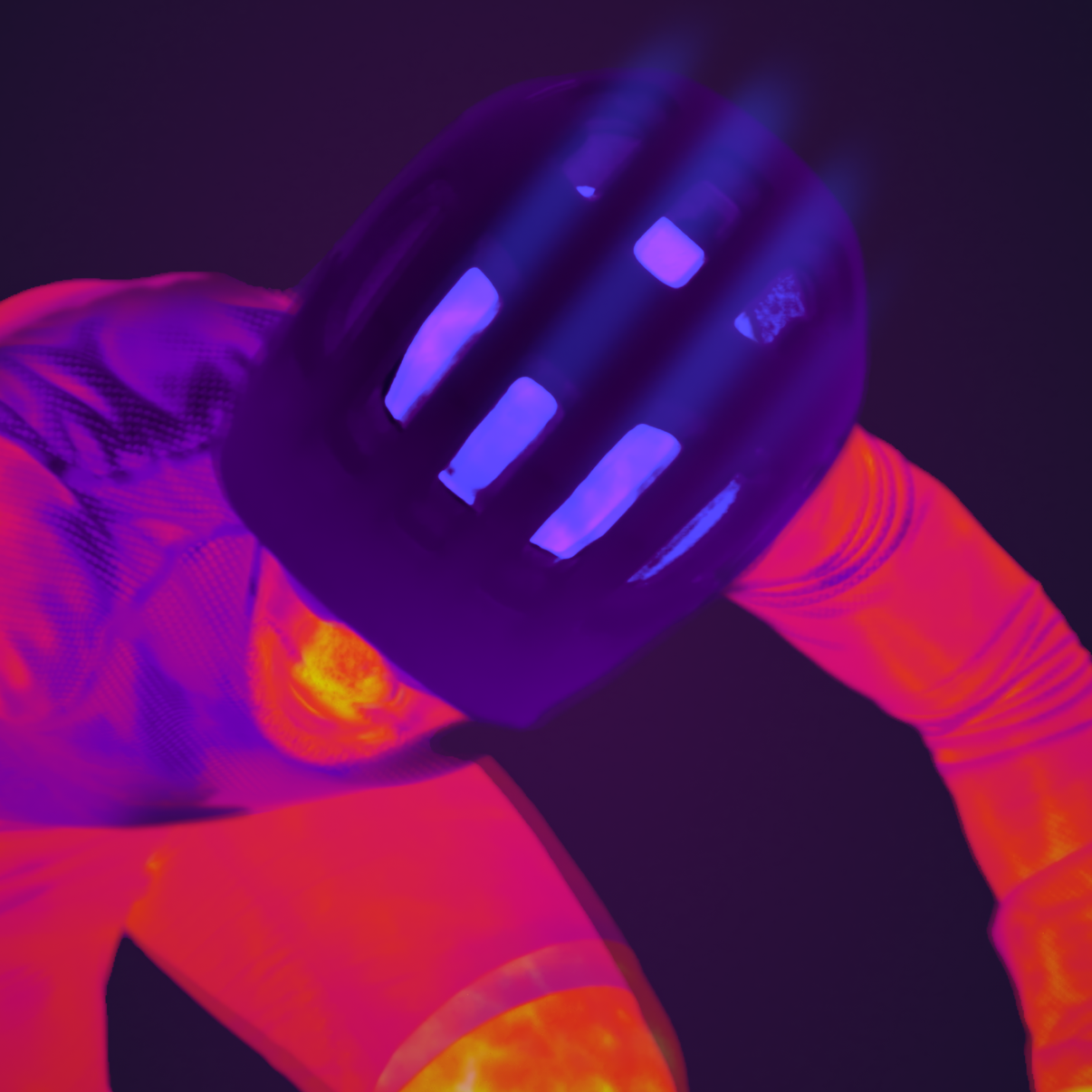 A Thermal imaging camera image of a rider wearing the POC Cularis mountain bike helmet.