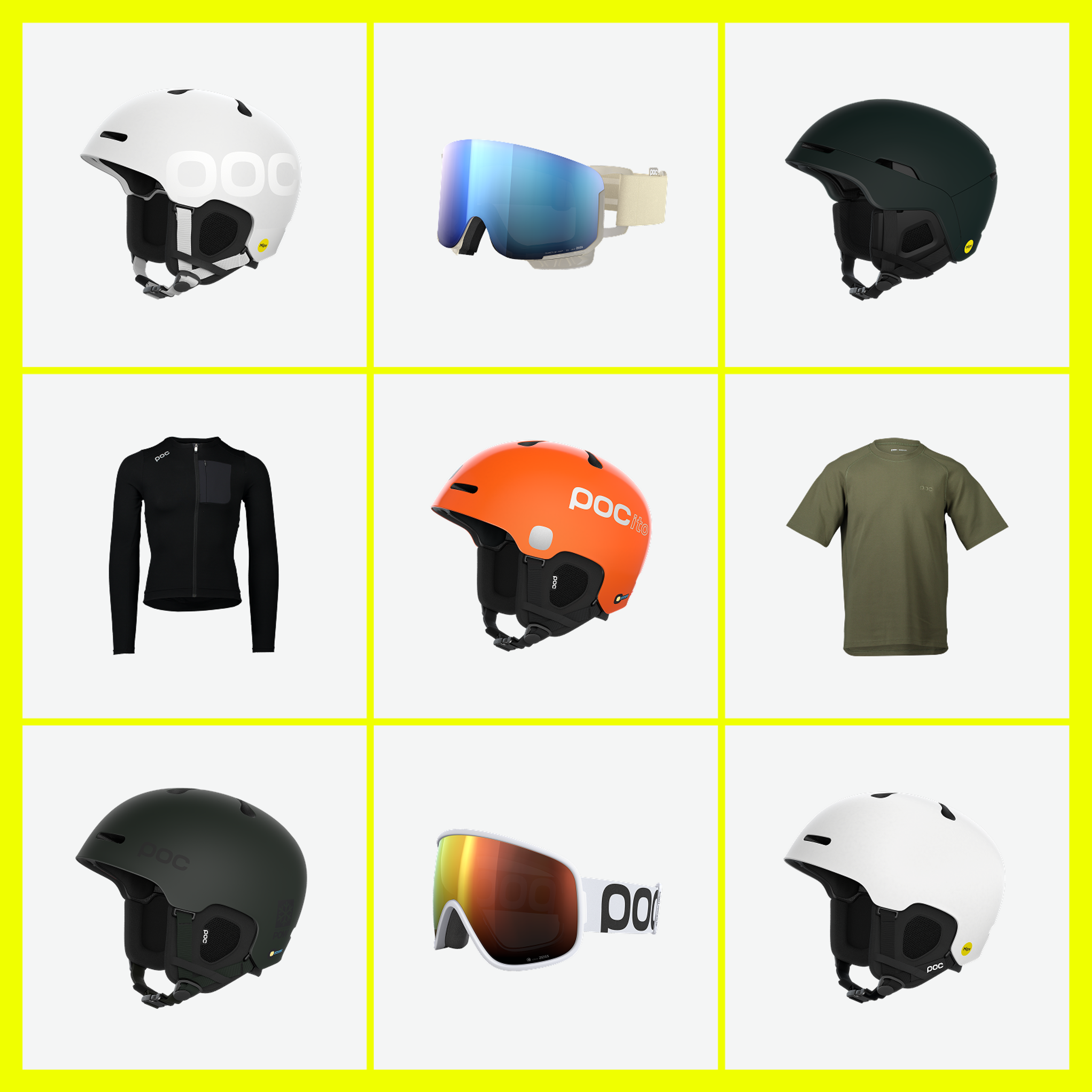 Image of 9 skiing products in a yellow table