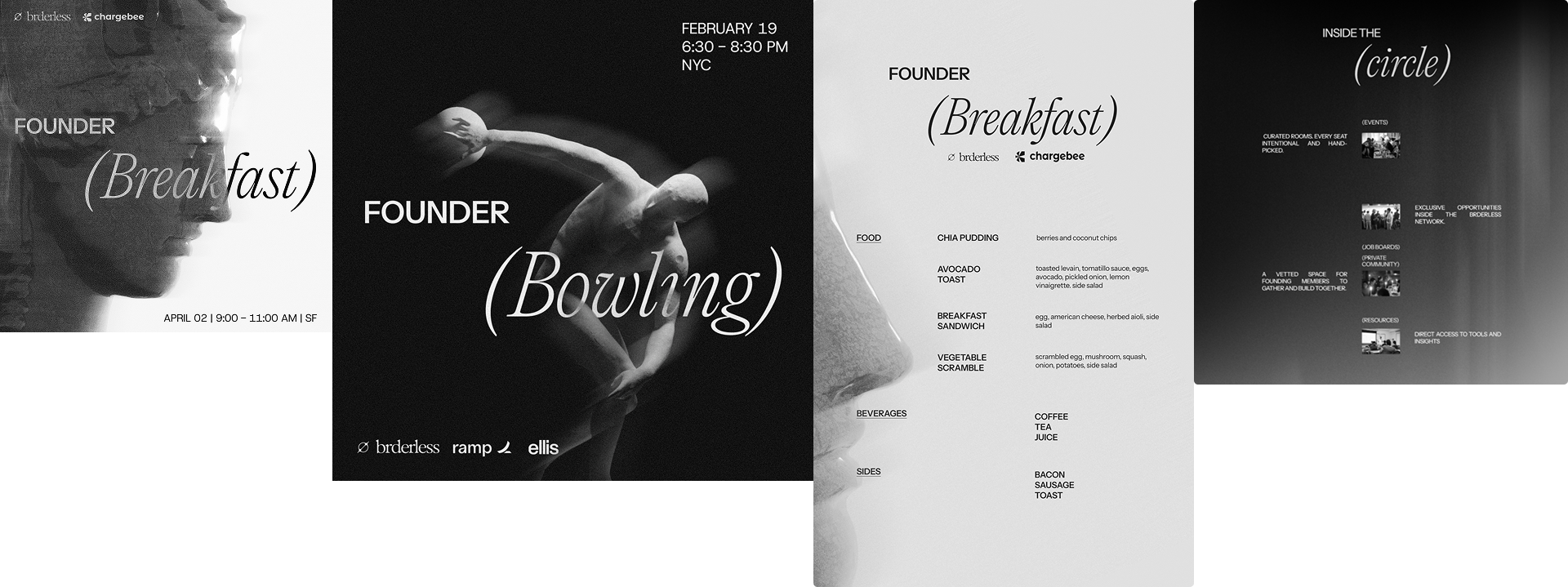 Luma events posters (left, middle-left), Menu design (middle-right), and Web section (right)