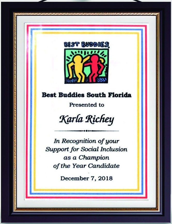 Certificado enmarcado de Best Buddies South Florida a Karla Richey, candidata a Champion of the Year, 7 de diciembre de 2018